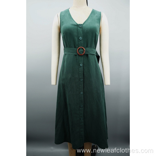 New Women Elegant Sleeveless Buckle Belt V-neck Dress